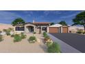 Inviting single-story home with stone accents, two-car garage, and desert landscaping with lush cacti at 21347 W Jojoba Ct, Buckeye, AZ 85396