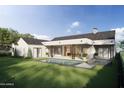 Expansive backyard with a rectangular pool, lush green lawn, and modern home architecture at 3743 E Hazelwood St, Phoenix, AZ 85018