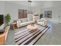Bright living room featuring a black and white striped rug, a sofa, chair, and stylish decor at 30271 W Crittenden Ln, Buckeye, AZ 85396