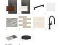 Compilation of interior design materials, including wood finishes, cabinet hardware, and backsplash tile selections at 14207 E Highland Ave, Fountain Hills, AZ 85268