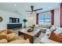 Cozy living room with modern furniture, large windows, and a sleek ceiling fan for added comfort at 16377 W Weeping Willow Rd, Surprise, AZ 85387