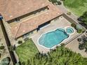 Aerial shot showcasing a backyard with a custom pool, hot tub, and lush landscaping at 19943 E Strawberry Dr, Queen Creek, AZ 85142