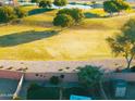 Overhead view of a cozy backyard with desert landscape, block wall, and storage shed at 2412 W Camp River Rd, San Tan Valley, AZ 85144
