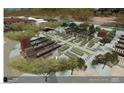Aerial view of an organic garden featuring raised beds, pergola-covered seating areas, and mature trees at 6228 N Cattle Track Rd, Scottsdale, AZ 85250
