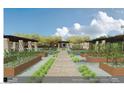 Landscaped organic garden showing a stone pathway with raised planting beds and shaded seating areas at 6228 N Cattle Track Rd, Scottsdale, AZ 85250