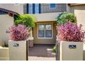 Close-up of the home's private courtyard with a brick pathway and colorful landscaping at 15387 W Columbine Dr, Surprise, AZ 85379