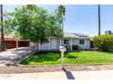 Charming single-story home with a well-maintained front lawn, shade tree, and palm trees in the yard at 14008 N 61St Ave, Glendale, AZ 85306