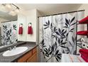 Stylish bathroom with a decorative shower curtain, storage shelves, and a large mirror at 14203 N 19Th Ave # 1031, Phoenix, AZ 85023