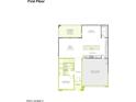 First floor plan showcasing an open kitchen, dining, living area, and bedroom with two-car garage at 1458 E Prescott St, Gilbert, AZ 85298