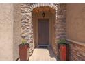 Covered front door with stone archway, hanging light, and terracotta planters at 2784 E Honeysuckle Pl, Chandler, AZ 85286