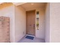 Inviting entryway featuring a classic front door with side window, complemented by neutral stucco walls at 21277 E Cherrywood Dr, Queen Creek, AZ 85142