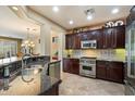 A chef's kitchen with stainless steel appliances and dark wood cabinets offers a luxurious cooking experience at 1788 W Dion Dr, Anthem, AZ 85086