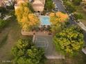 Aerial view shows community pool and basketball court surrounded by lush green trees at 4313 E Jasper Dr, Gilbert, AZ 85296