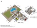 Detailed floor plan showcasing the layout of the home, including the pool, kitchen, living, bedrooms, and garage at 4093 E Dublin St, Gilbert, AZ 85295