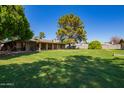 Spacious backyard featuring lush green grass, mature trees, and a covered patio area at 6637 W Pershing Ave, Glendale, AZ 85304