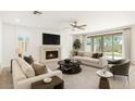 Bright and airy living room with a fireplace, modern furniture, and large windows for natural light at 7251 E Portobello Ave, Mesa, AZ 85212