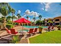 Resort-style pool area with lounge seating, red umbrellas and lush landscaping at 1941 S Pierpont Dr # 1099, Mesa, AZ 85206