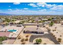 Expansive aerial view featuring a home with pool and lush greenery, showcasing community charm at 20041 W Colter St, Litchfield Park, AZ 85340