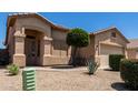 Close up view of the front exterior of this house with a green tree and gravel front yard at 21563 N Greenway Rd, Maricopa, AZ 85138