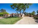 Expansive front lawn and mature trees frame this tan home with tile roof and a circular driveway at 1739 E Knox Rd, Tempe, AZ 85284