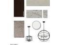 Sample board of home finishes, including flooring, cabinetry, countertops, and light fixtures at 17709 W Ford St, Goodyear, AZ 85338