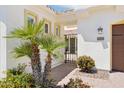 Charming home entrance featuring a gated courtyard with lush landscaping and a brick walkway leading to the front door at 2454 W Hope Cir, Chandler, AZ 85248