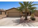 Charming single-story home features a two-car garage, desert landscaping, and a mature palm tree at 25087 W Dove Gap Dr, Buckeye, AZ 85326