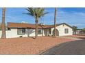 Inviting home featuring a stucco exterior, contrasted windows, and mature palm trees at 22312 W Hammond Dr, Buckeye, AZ 85326