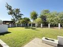Large grassy backyard area with a fence, planter boxes, and mature trees at 856 E Village Cir S Dr, Phoenix, AZ 85022