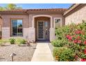 Inviting front entrance with a decorative security door and colorful flowering bushes at 5332 S Citrus Ct, Gilbert, AZ 85298