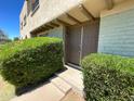 Front entrance featuring a brown door, manicured hedges, a stone walkway and exterior lighting at 225 N Standage -- # 89, Mesa, AZ 85201