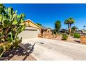Single level home showcasing mature landscaping, rock details and a spacious driveway at 7002 E Exmoor Dr, Mesa, AZ 85208