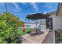 Backyard features a cozy patio, artificial grass, beautiful hibiscus, and views of the sparkling pool at 8316 E Glenrosa Ave, Scottsdale, AZ 85251