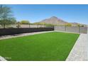 A fully enclosed backyard features artificial turf and mountain views at 4215 W Suncup Dr, San Tan Valley, AZ 85144