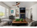 This living room is bright and airy, offering dark wood floors and modern finishes at 7445 E Eagle Crest Dr # 1145, Mesa, AZ 85207