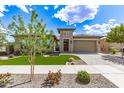 A single story home with lush green grass, decorative trees, and stone accents at 22825 E Mewes Rd, Queen Creek, AZ 85142