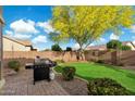 Landscaped backyard with a lush lawn, mature tree, brick walls, and a barbecue grill at 3003 E Ironside Ln, Gilbert, AZ 85298