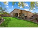 Beautiful backyard featuring a lush green lawn and a covered patio perfect for outdoor entertaining at 3003 E Ironside Ln, Gilbert, AZ 85298