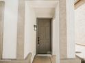 A close-up view of the recessed front entrance features a neutral-toned door with contemporary exterior lighting at 365 E Mountain View Rd, San Tan Valley, AZ 85143