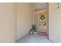Inviting front porch showcasing a decorative door with glass blocks and potted plants at 15037 N 114Th Way, Scottsdale, AZ 85255