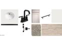 Sample of bathroom materials and finishes, including white vanity, black hardware, and wood-look flooring at 18243 W La Senda Dr, Surprise, AZ 85387