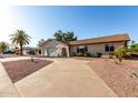 Expansive home exterior showcasing desert landscaping, a two-car garage, and an extended driveway at 7220 E Edgewood Ave, Mesa, AZ 85208