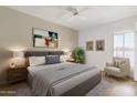 Stylized bedroom with a gray upholstered bed frame, neutral walls, carpet, and bright natural light at 11775 E Becker Ln, Scottsdale, AZ 85259