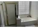 Well-lit bathroom with a glass block window, tub, and glass shower doors for a relaxing bathing experience at 1314 S Larkspur St, Gilbert, AZ 85296
