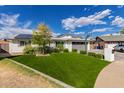 Inviting front yard featuring lush artificial grass, mature landscaping, and a paved driveway leading to the attached garage at 11025 N 45Th Ln, Glendale, AZ 85304