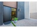 Modern home's elegant entryway with sleek door, textured wall, and potted plants at 6142 E Alta Hacienda Dr, Scottsdale, AZ 85251