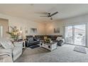 Spacious living room boasts plush carpeting, a ceiling fan, comfortable seating and a sliding glass door at 25946 W Cat Balue Dr, Buckeye, AZ 85396