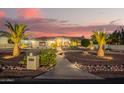 Charming home featuring desert landscaping with beautiful palm trees and a well-lit walkway at 5511 N 128Th Dr, Litchfield Park, AZ 85340