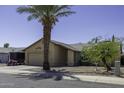 Cozy single-story home with two-car garage, desert landscaping and a large palm tree in the front yard at 1623 E Krystal St, Casa Grande, AZ 85122