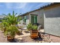 Inviting backyard patio with comfortable seating, desert landscaping and mature palms, perfect for relaxation at 21150 N Evergreen Dr, Maricopa, AZ 85138